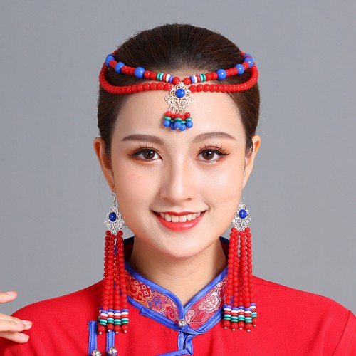 Mongolian dance performance headdress female beaded earrings ethnic Mongolian dance hair accessories